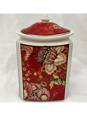 222 Fifth Gabrielle Red Jacobean Floral Medium Canister & Lid 7 inch